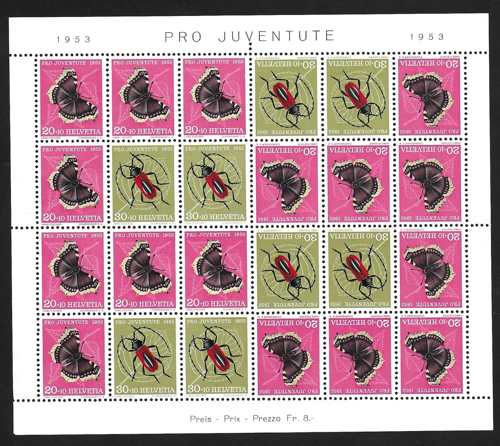 Switzerland Stamps 1953 Zst Oz41 Butterfly Sheet Mnh Vf