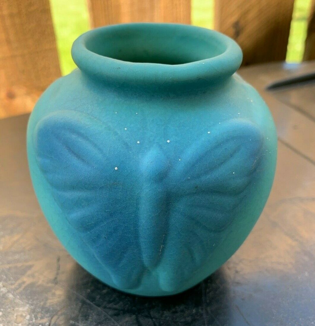 Vintage Van Briggle Art Pottery Turquoise Green Blue 4" Tall Butterfly Moth Vase
