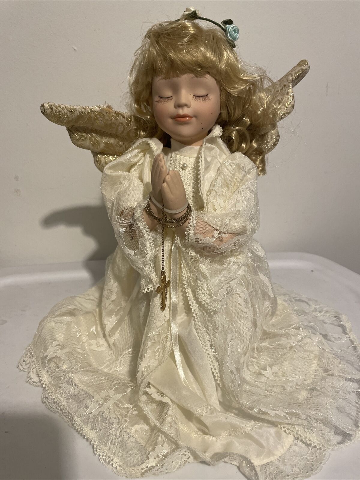 Praying Angel Porcelain Doll W/ Cross Curly Blonde Hair