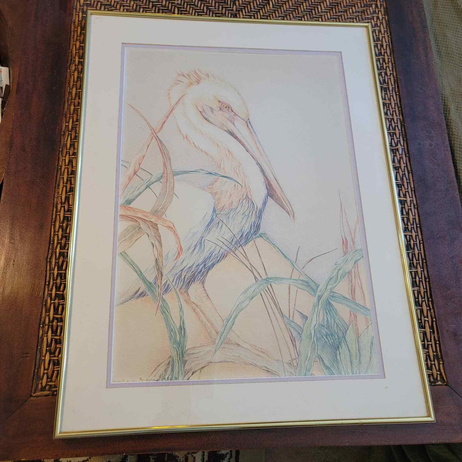 Original Louise Freshman Brown 1986 Framed Glass Blue Heron Pencil Drawing