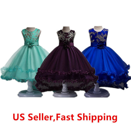 Girls Kids Princess Formal Pageant Wedding Birthday Party Dress With Flower Bow