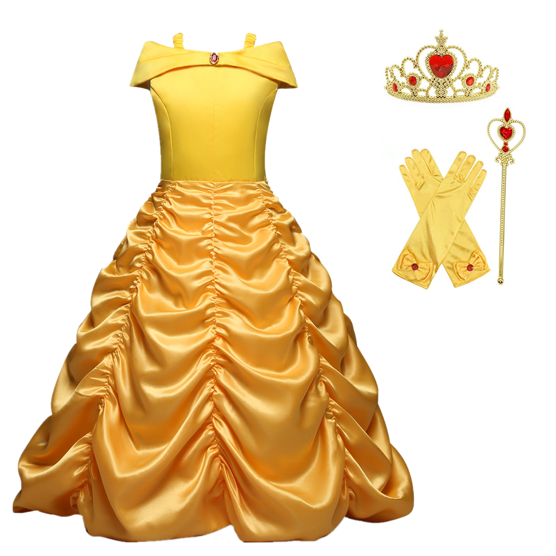 Princess Belle Yellow Off Shoulder Layered Costume Dress With Accessories 2-10t