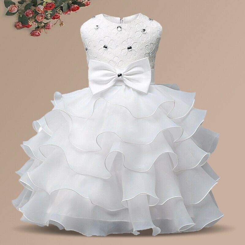 Girl Flower Party Princess Dress Wedding Gown Lace Bow Baby Clothes Size 1-8