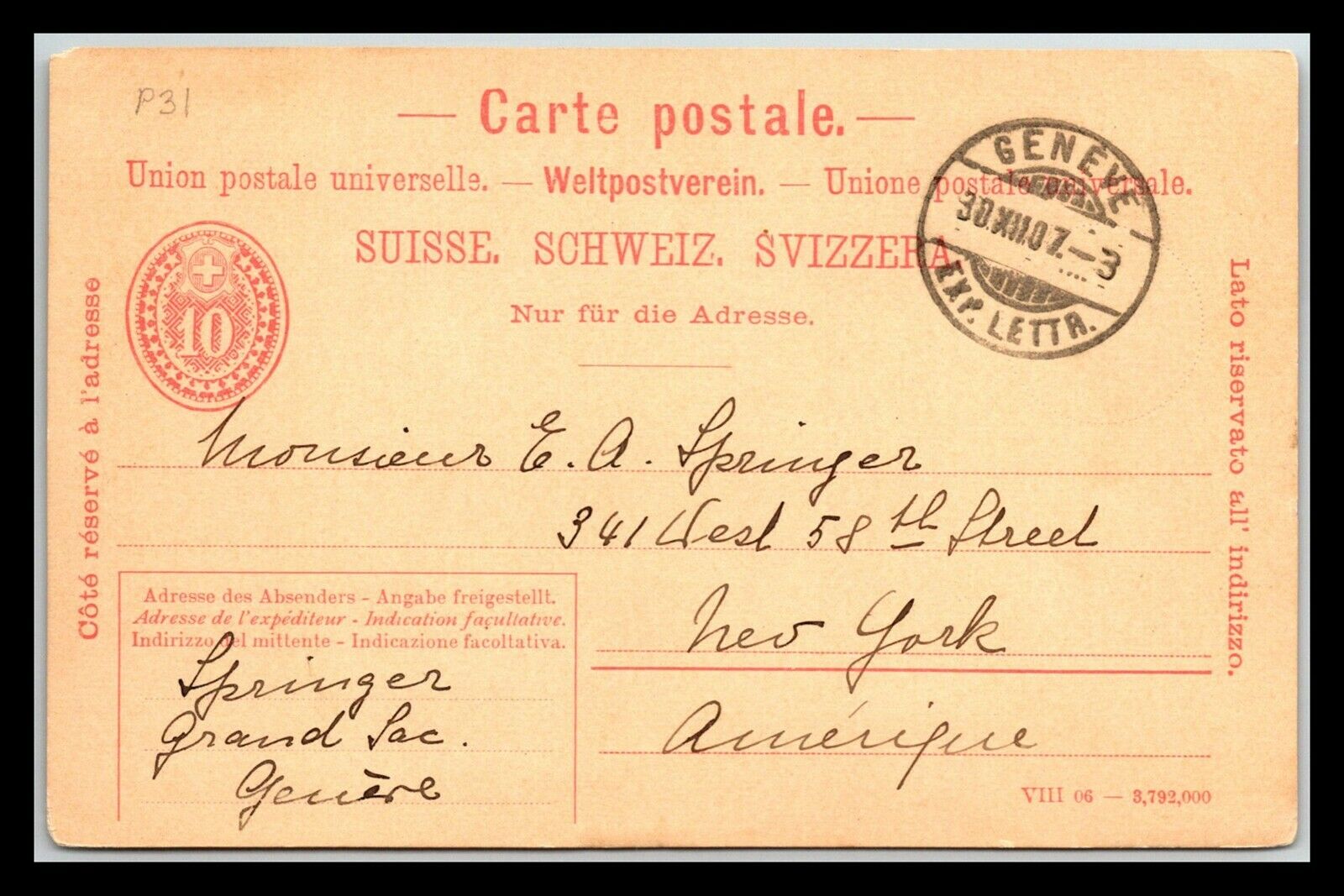 Gp Goldpath: Switzerland Postal Card 1907 _cv711_p19