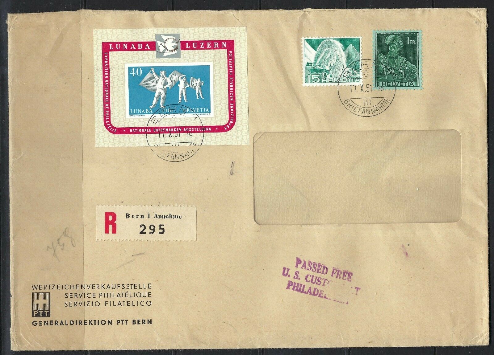 B&d: 1951 Switzerland Scott B206 On Registered Commercial Cover Bern To Philly