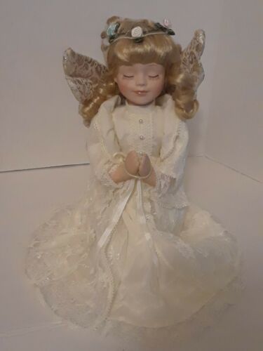 16" Angel Doll Kneeling In Prayer Porcelain White Lace Pearls New