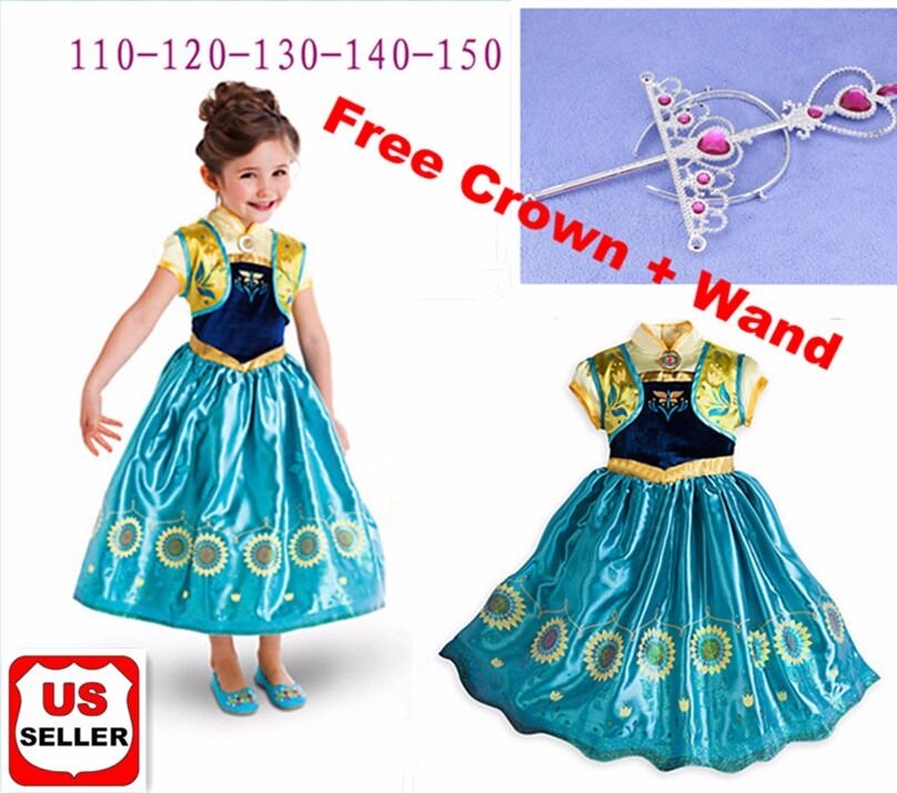 Frozen Fever Birthday Party Elsa Anna Costume Cosplay Dress  + Free Crown & Wand