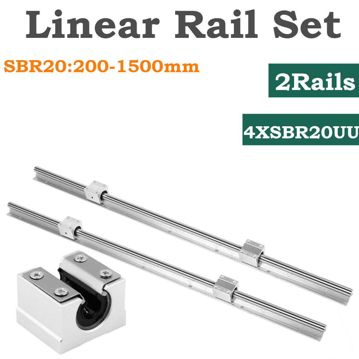 2pcs Sbr20 L200-1500mm Linear Rail Guide Shaft Rod & 4pcs Sbr20uu Block Bearing