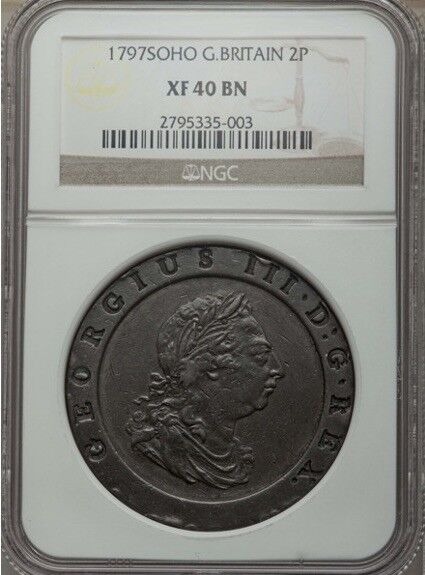England George Iii 1797-soho Two Pence Copper Coin, Certified Ngc Xf-40-bn