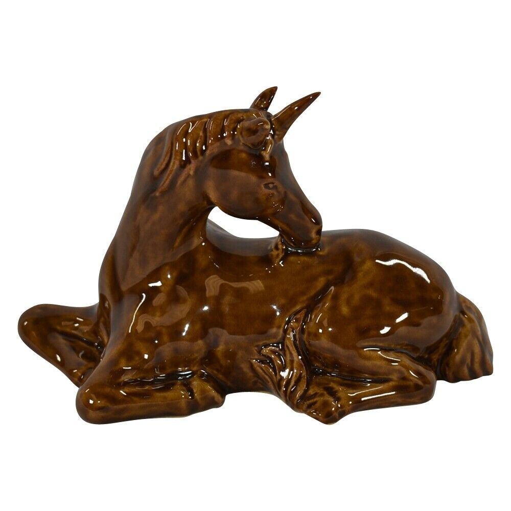 Van Briggle Pottery 1980s High Glaze Brown Reclining Unicorn Figurine (pope)