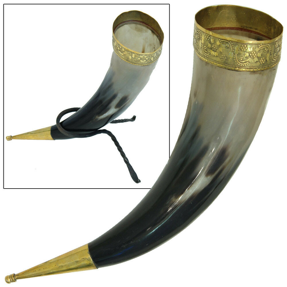 Medieval Viking Brass Accented Wedding Ceremonial Bovine Drinking Horn