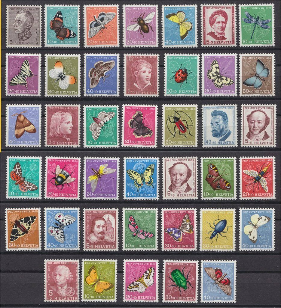 Switzerland Pro Juventute Butterflies All Sets 1950-57 Compl. Never Hinged!