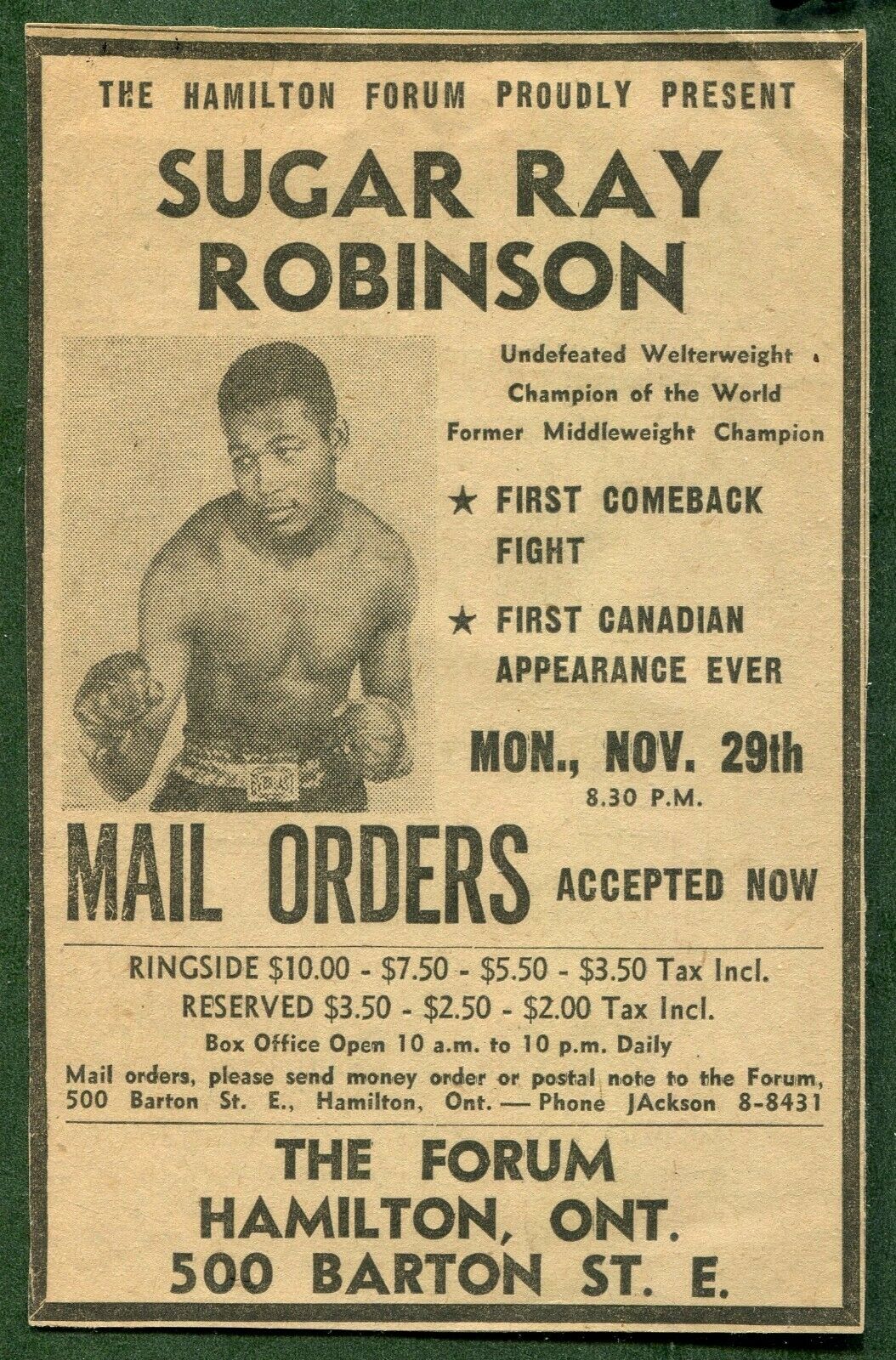 1954 Sugar Ray Robinson Fight Ticket, Card And Ad From Hamilton, Ontario
