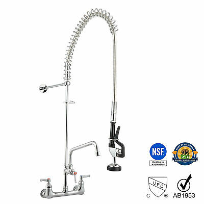 12" Wall Mount Commercial Pre-rinse Faucet Kitchen Pull Out Down Sink W/ Sprayer